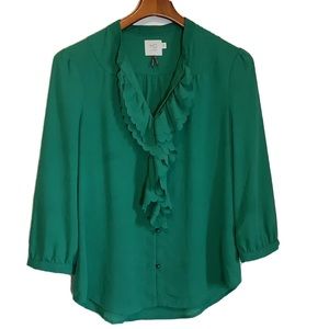 Anthropologie Green Ruffle Blouse